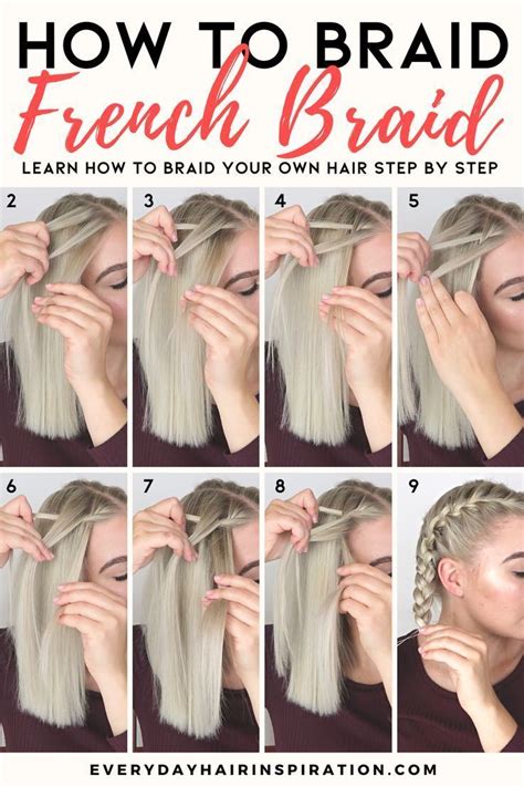 How to french braid your own hair - Part your hair in the middle and then divide it into two even sections. Begin braiding the hair in the back of your head, starting with the right section. French braid the hair, making sure to add in new hair from the left section as you go. When you reach the front of your head, braid the hair all the way to the end. Secure the end with a hair ...